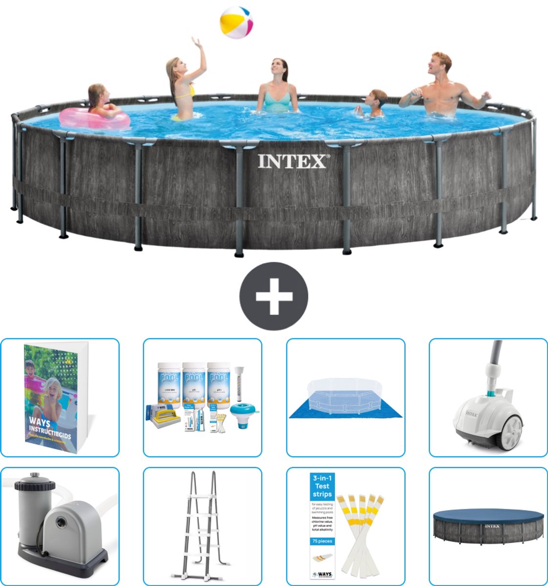 Intex Rond Prism Frame Greywood Zwembad - 549 x 122 cm - Inclusief Pomp - Ladder - Grondzeil - Afdekzeil - Onderhoudspakket - Stofzuiger - 9-delig