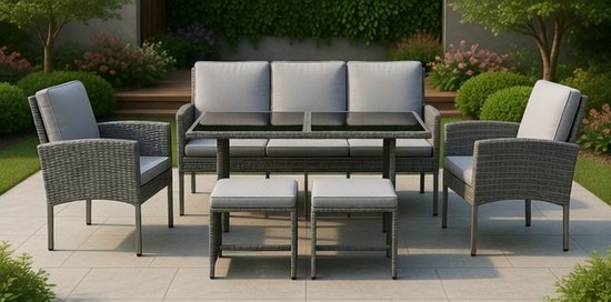 Denver Polyrattan Tuinset – 7-Persoons Lounge & Eettafelset met Glazen Tafel, Comfortabele Kussens en Weerbestendig Ontwerp – Tuin, Balkon, Terras & SerreMedahomestore
