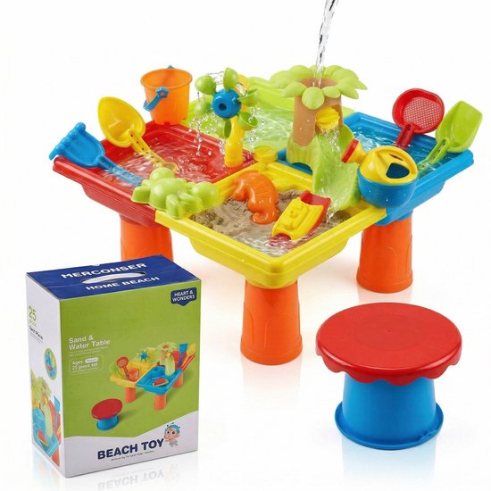 LuXeVi Zand- en Watertafel met Krukje - 25-delige Speeltafel voor Kinderen - Incl. Strandset, Gieter en Vormpjes - Binnen & Buiten Speelgoed