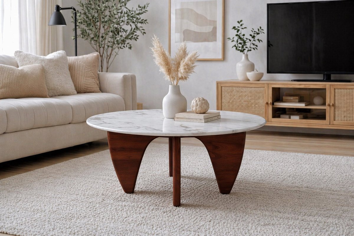 Salontafel Marmer Walnoot - Hout - Marmer blad Rond - tafel