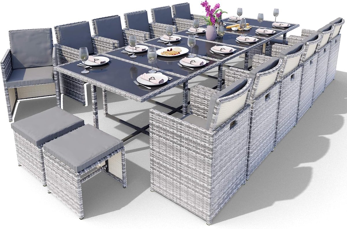 Loungeset 17-delig met tafel en kussens – Polyrotan tuinset met glasplaat, weerbestendig en onderhoudsvriendelijk – Luxe tuinmeubelset grijs – Urbanhome