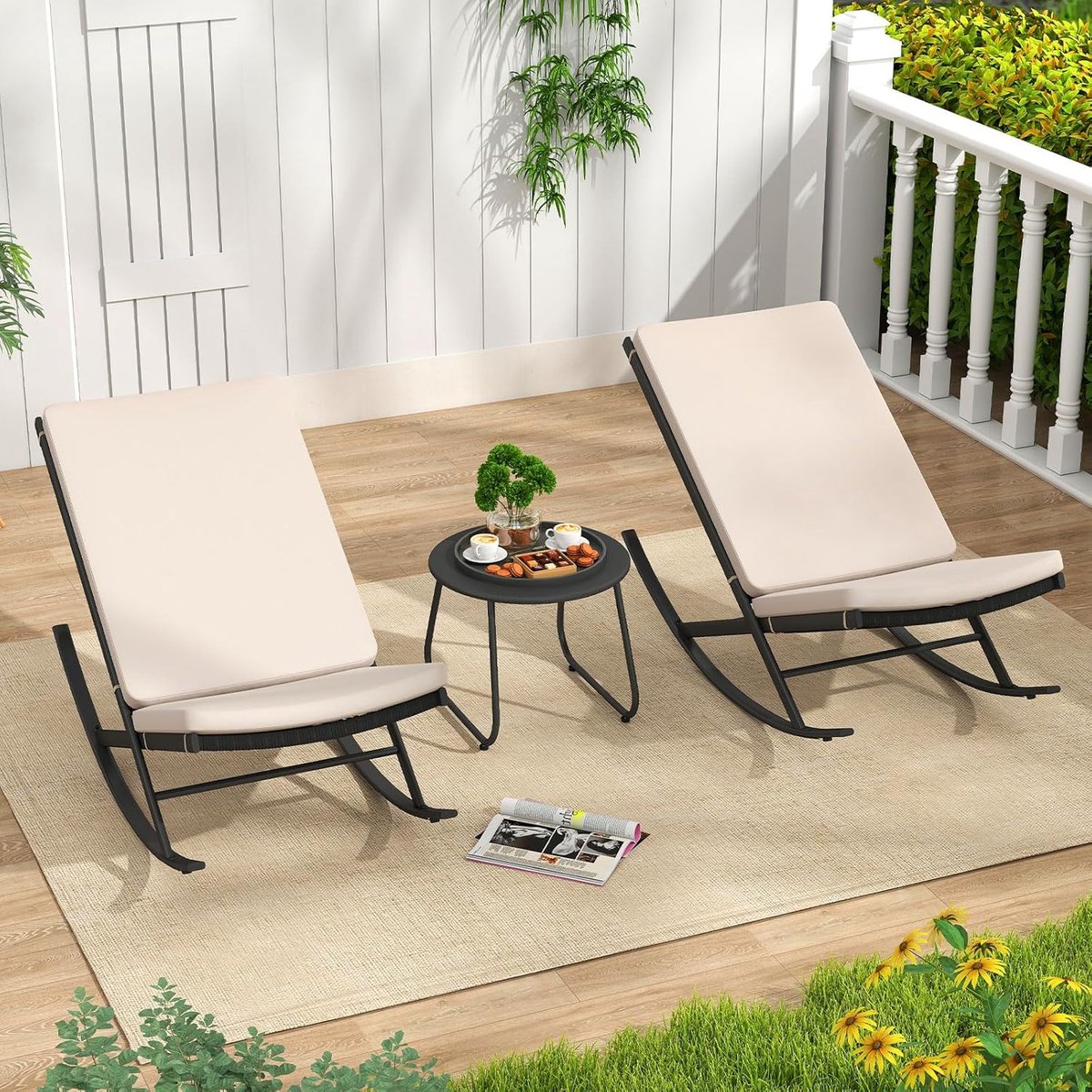 Garten Lounge Set 3-teilig 55x110x77 cm – Rattan Schaukelstuhl Set mit Tisch & gepolsterten Kissen, Balkon, Terrasse & Garten – Relaxing Outdoor Möbel Laura