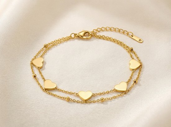Lundholm Luxe Armband Dames Goud kleurig - Premium Stainless Steel Jewellery - Bedel Armband Dubbel laags Hartjes armband - My Lisan Serie - Cadeau voor Haar Premium Cadeau - Scandinavisch Design