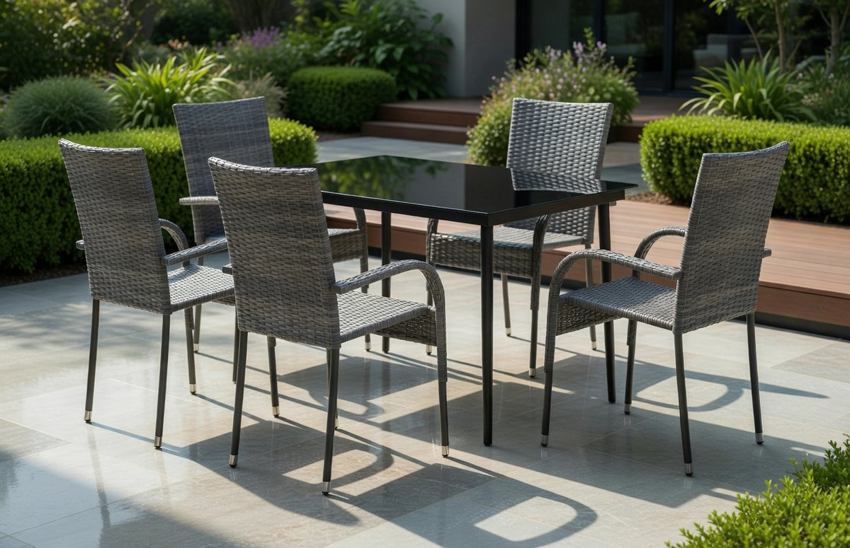 Luxe 5-Delige Tuinset voor 4 Personen – Moderne Rattan Eettafel met Glasblad en 4 Comfortabele Stoelen – Buitenmeubilair voor Tuin, Balkon en Terras – Grijs/ZwartMedaHomeStore