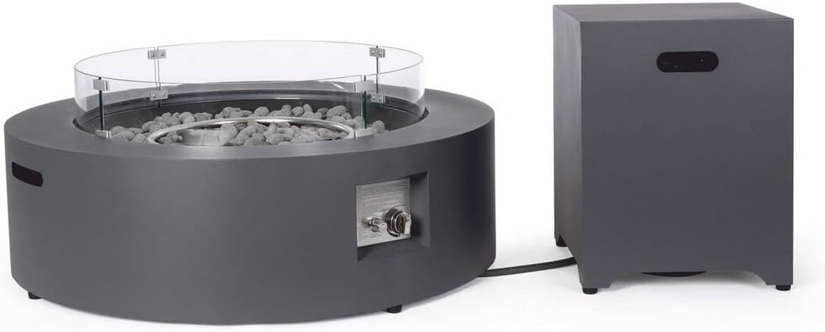 Gas Terrasverwarmer Outdoor Gaskamin Runder Luxus Gartenkamin Bellavero Dunkelgrau Ø 104 cm – Stilvoller Terrassen Kamin aus Stahl und Glas für Garten, Terrasse & Balkon – Modernes Design mit Gasbrenner