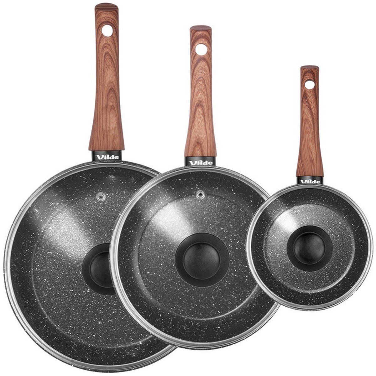 Graniet Kookset - met Glazen Deksel BLACK&WOOD - 16/20/24 Cm 3-delige set.