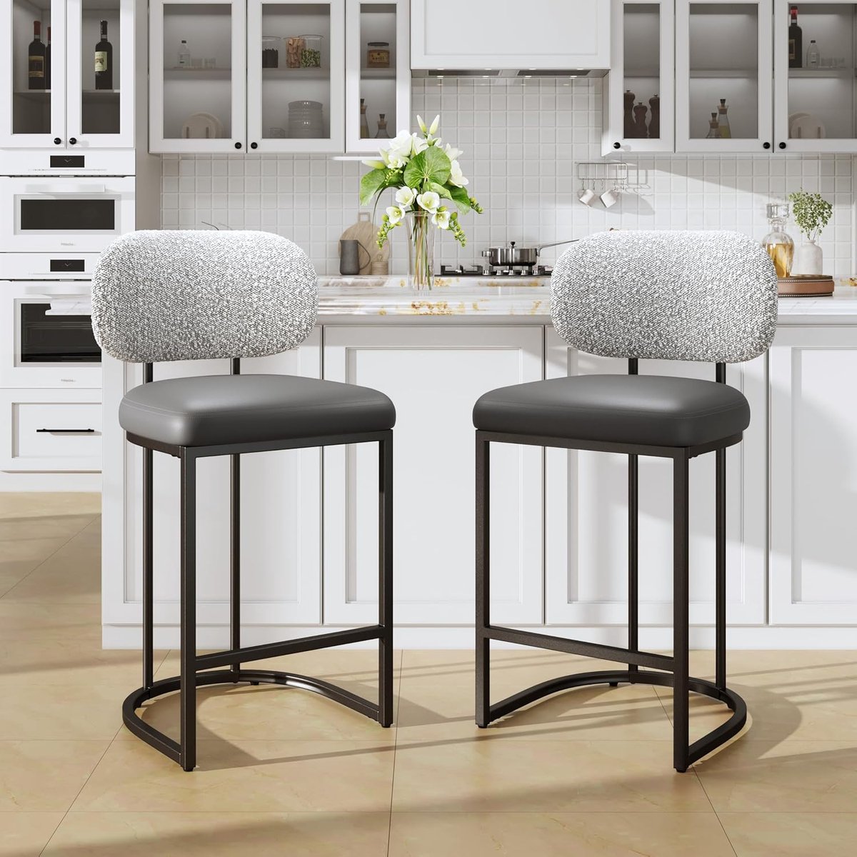 Barkruk Set van 2 45 x 45 x 88 cm – 63 cm Zithoogte Barstoelen met Rugleuning en Voetensteun – Industriële Keukenkrukken Metaal & Kunstleer grijis – Urbanhome