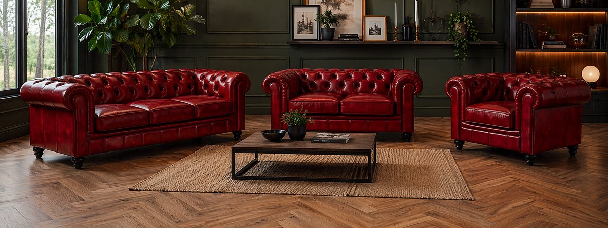 Chesterfield Banken 1-2-3 Zits - Rood - Set - Bank - Sofa - Leer