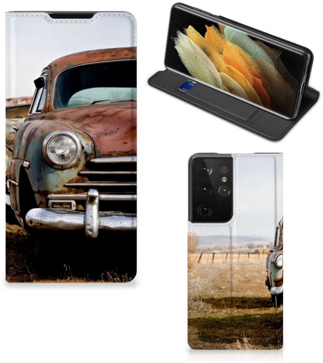 Standcase Hoesje voor Samsung Galaxy S21 Ultra Stand Case Vintage Auto