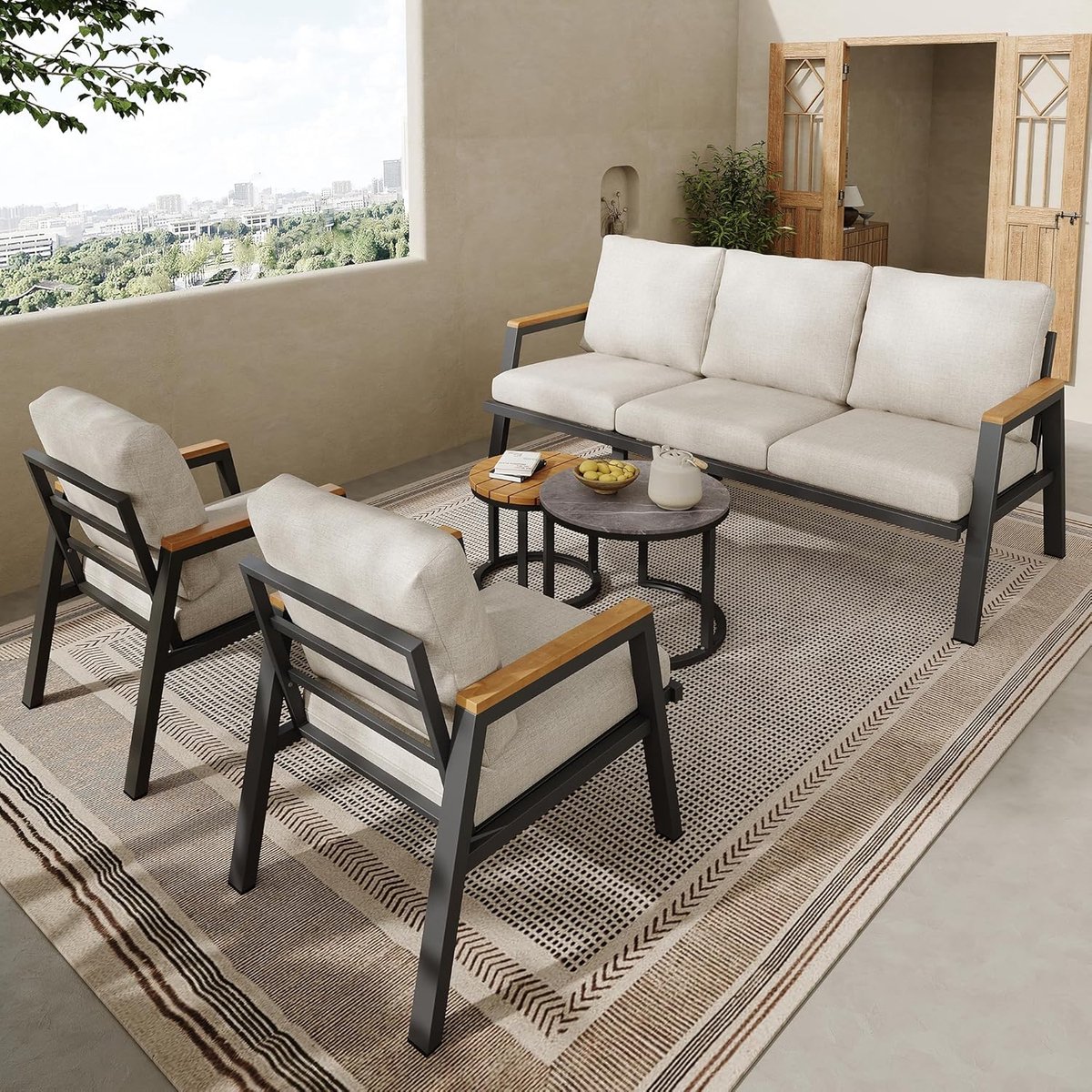 Industriële Luxe 5-Persoons Tuin Loungeset met 3-Zitsbank, 2 Stoelen en 2 Salontafels – Gegalvaniseerd Stalen Frame, Hoge Rugleuning, 179x58x75 cm