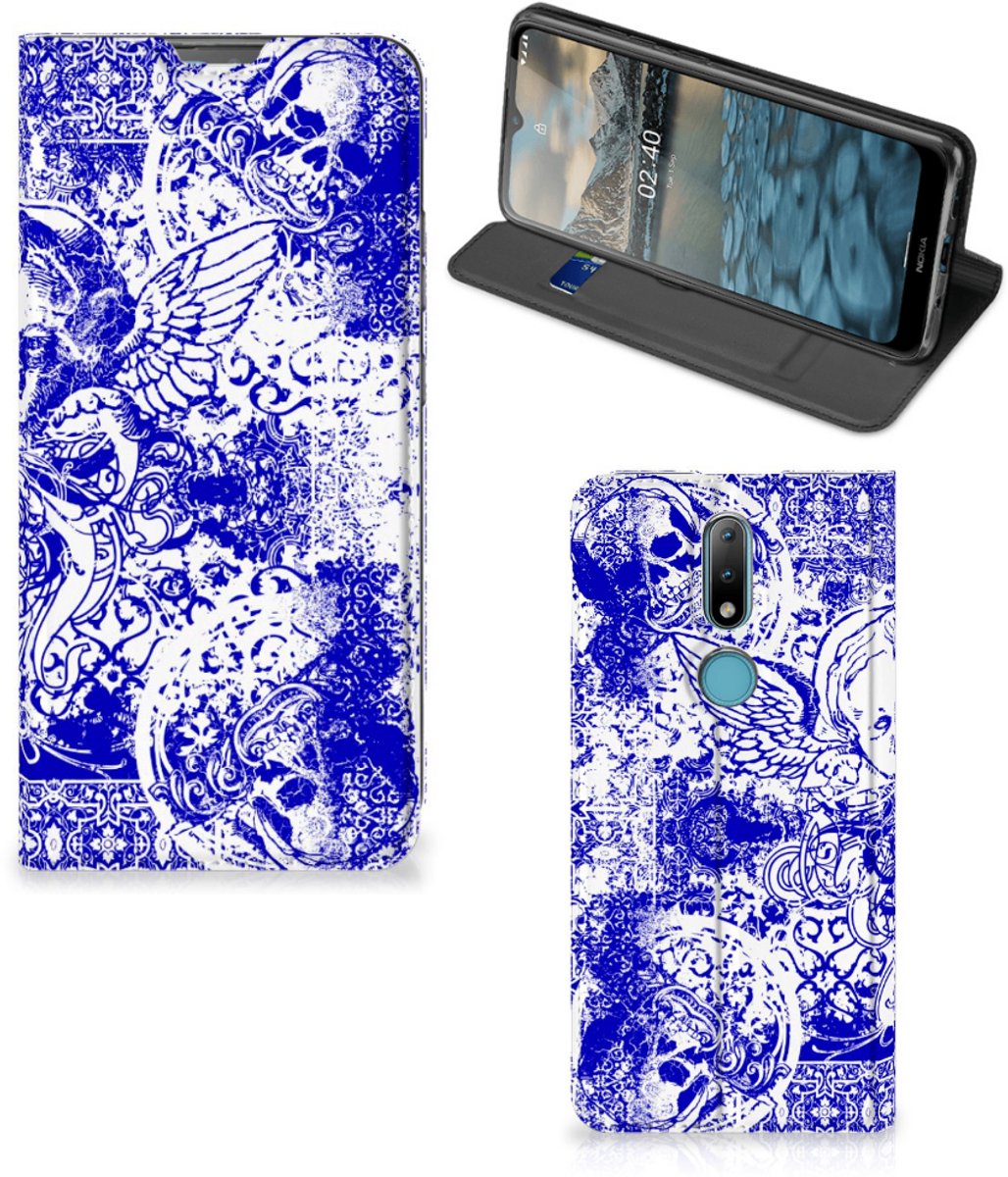 Mobiel BookCase Nokia 2.4 Angel Skull Blauw