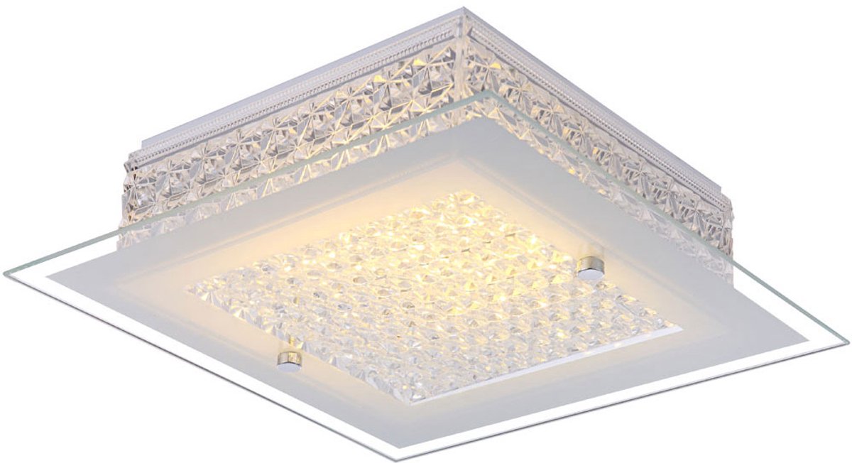 LED plafondlamp kristallen licht glas opaal woonkamer, metaal chroom, LED 12W 1030Lm warm wit, LxBxH 30x30x8 cm