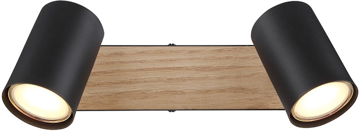 Plafondlamp 2 vlammen verstelbaar Spotlamp zwart houtlook met verstelbare spots, zwart metaal, 2x GU10 stopcontacten, LxBxH 26x6x13,5 cm