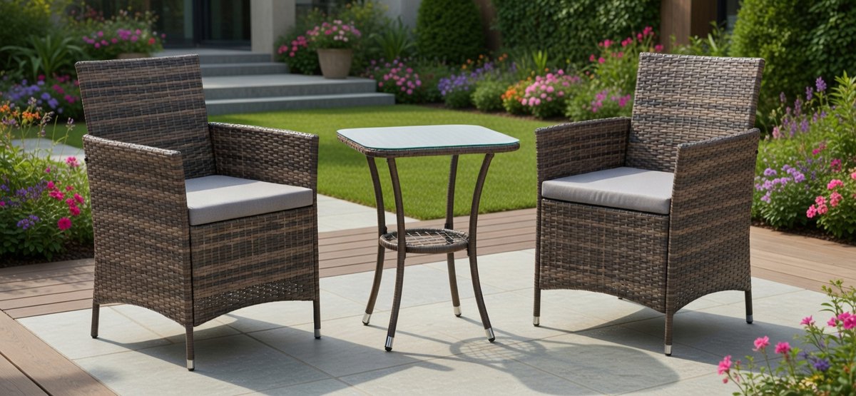 Brooklyn Comfort 3-delige Rotan Tuinset – Bistro Lounge Set voor Balkon, Terras & Tuin – 2 Stoelen + Bijzettafel – Compacte Outdoor Tuinmeubelset Bruin Medahomestore
