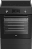 Zwart inductiefornuis met inductiekookplaat, oven met glazen deur en displayscherm.