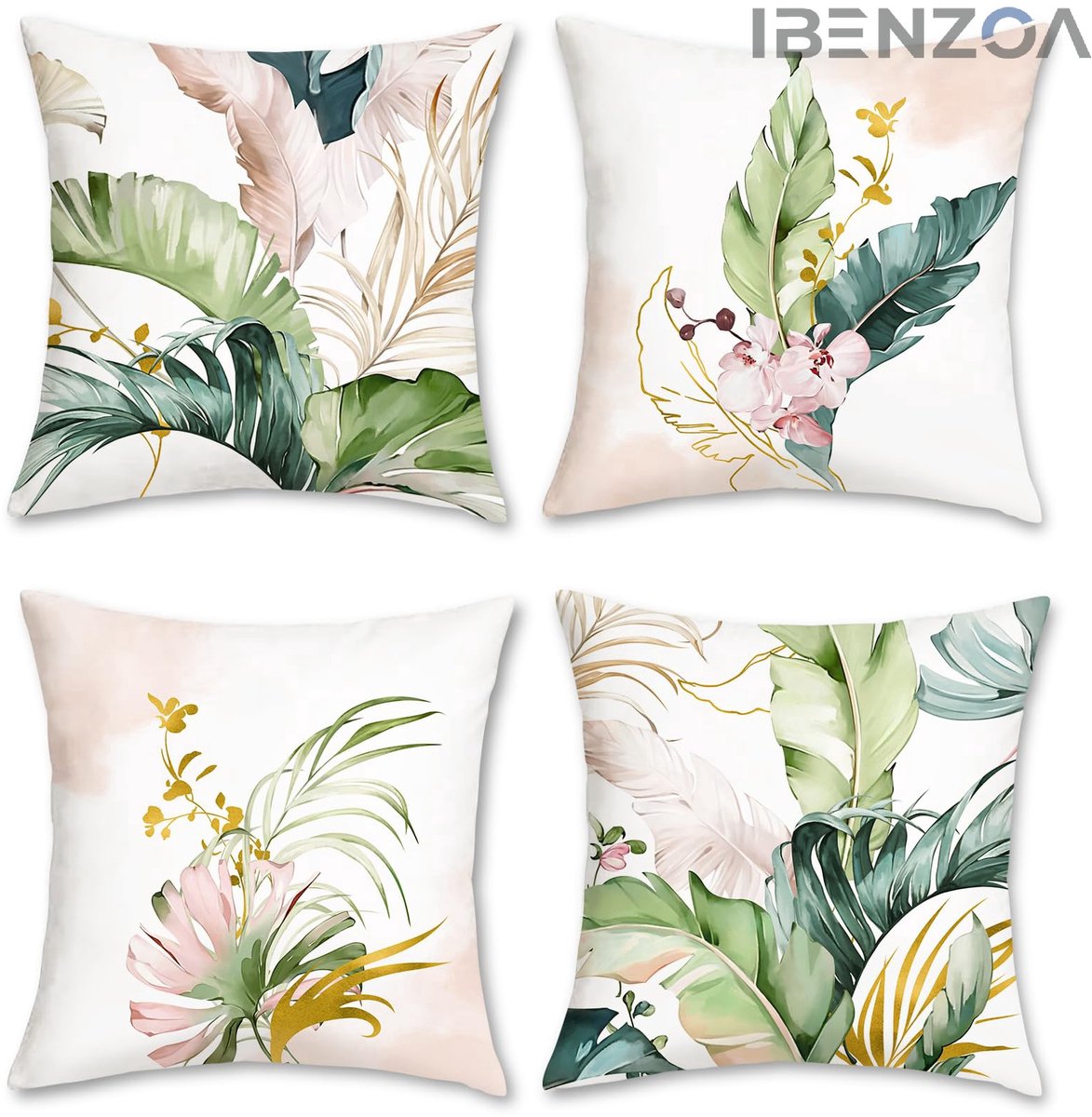 Ibenzoa Kussensloop Set - Groen;Roze - 40x40 cm - Fluweel - Tropische Bladeren