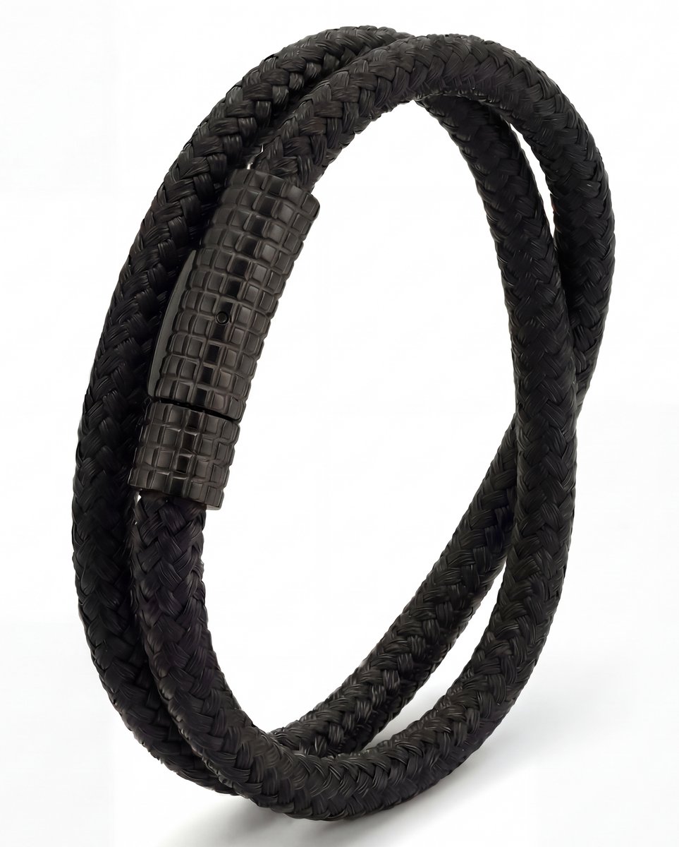 Armband Heren zwart 19.5cm - Touwarmband met zwarte hoogglans sluiting heren en dames - met Cadeauverpakking van Mauro Vinci