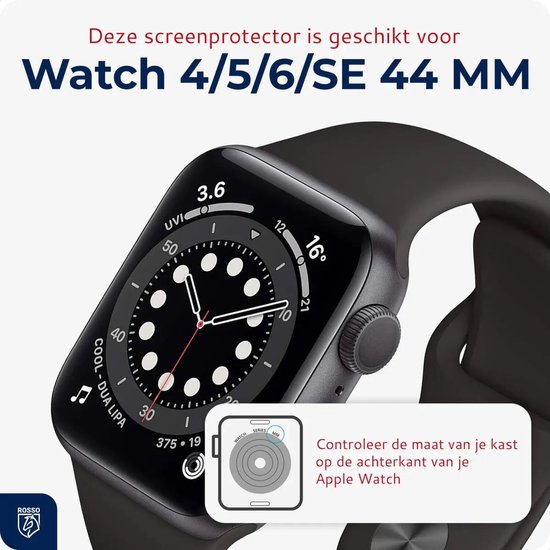 Gedetailleerde weergave van een Apple Watch 44mm, met tekst die de compatibiliteit aangeeft.