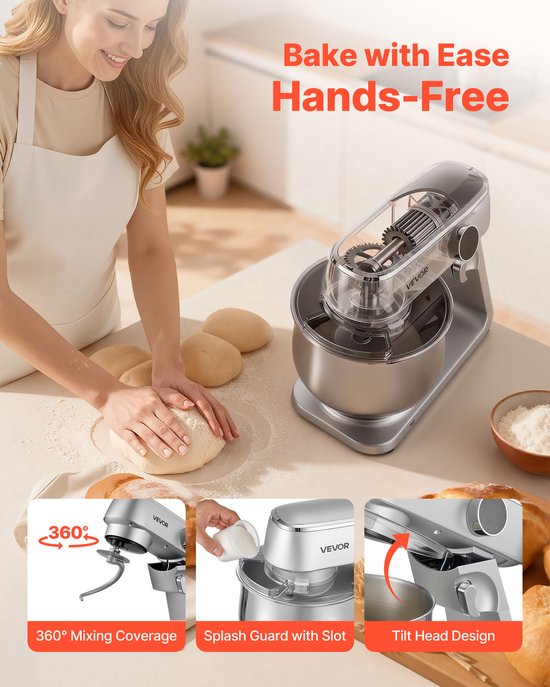 VEVOR Staande Mixer/Keukenmachine voor Bakken, 1800W Deegmixer met Roestvrijstalen Kommen (7,4 L) & Deeghaak & Klopper & Garde, 10 Snelheden Kantelbare Mixer van Vevor — afbeelding 3