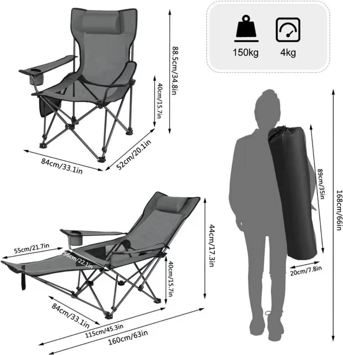 Ligstoel - Ligbed - Camping Stoel - Luxe Ligstoel - Loungestoel - Stoel voor Buiten - Klapstoel Camping - Opvouwbaar - Met Afneembare Voetsteun - Incl Bekerhouder - Incl Draagtas - Verstelbare Rugleuning - Grijs — cadeau in Sport & Outdoor - foto 4