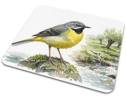 Muismat Grote Gele Kwikstaart (Motacilla cinerea) Aquarel Series - Illustratie van kleurrijke vogel op bemoste steen bij beekje - Mooie bureau accessoire voor thuiswerkplek - Origineel cadeau voor vogelaar en natuurliefhebber