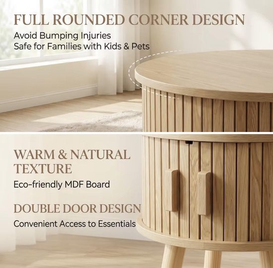 Close-up van een ronde houten bijzettafel met geribbelde zijkanten en een 'Full Rounded Corner Design'.
