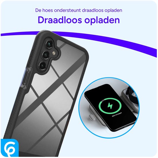 Coque de téléphone noire avec dos transparent et téléphone en charge sans fil. La coque prend en charge la charge sans fil.