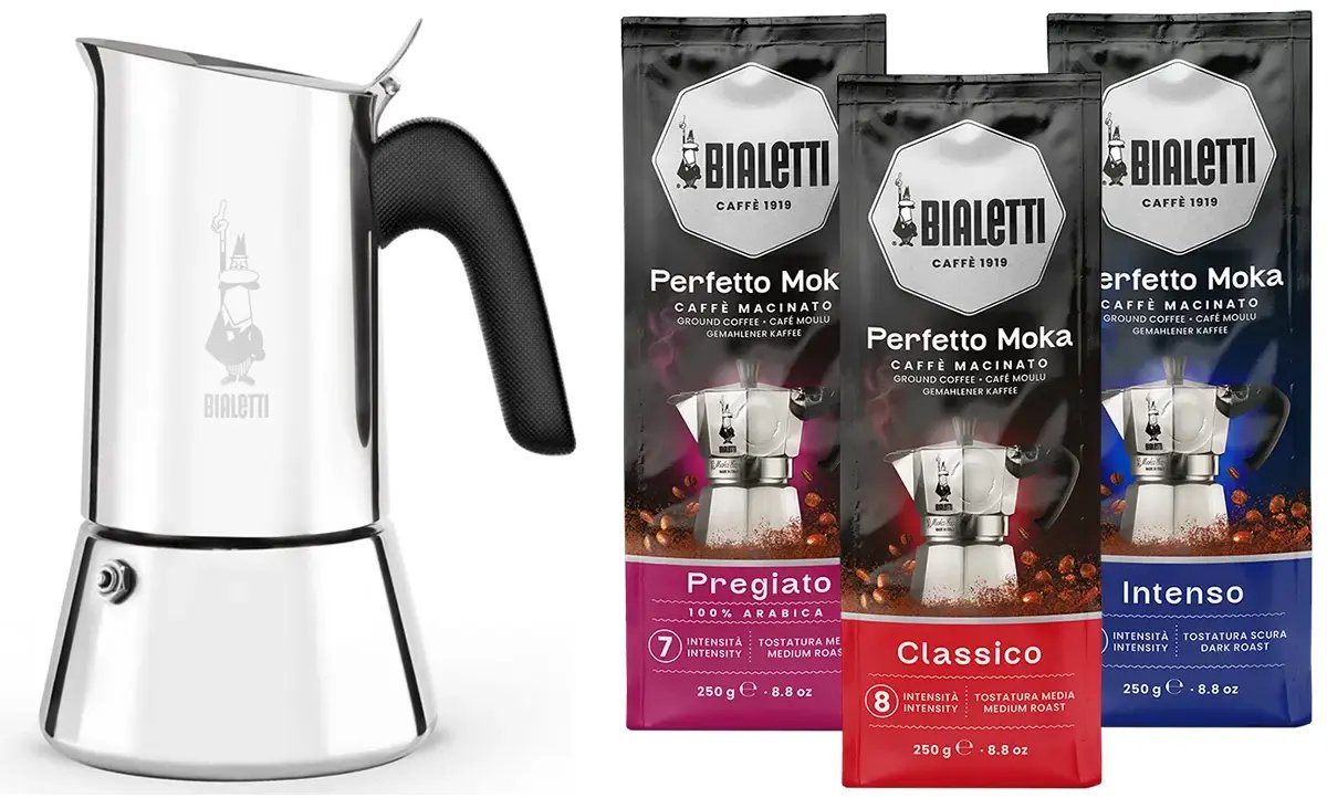 Bialetti Venus Percolator RVS 6 kops + Bialetti koffie proefpakket 3 x 250gr