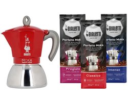 Bialetti Moka Inductie Rood - 4-kops - 150ml + Bialetti Koffie Proefpakket 3 x 250gr
