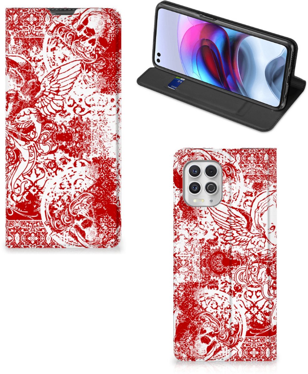 Mobiel BookCase Motorola Moto G100 Angel Skull Rood