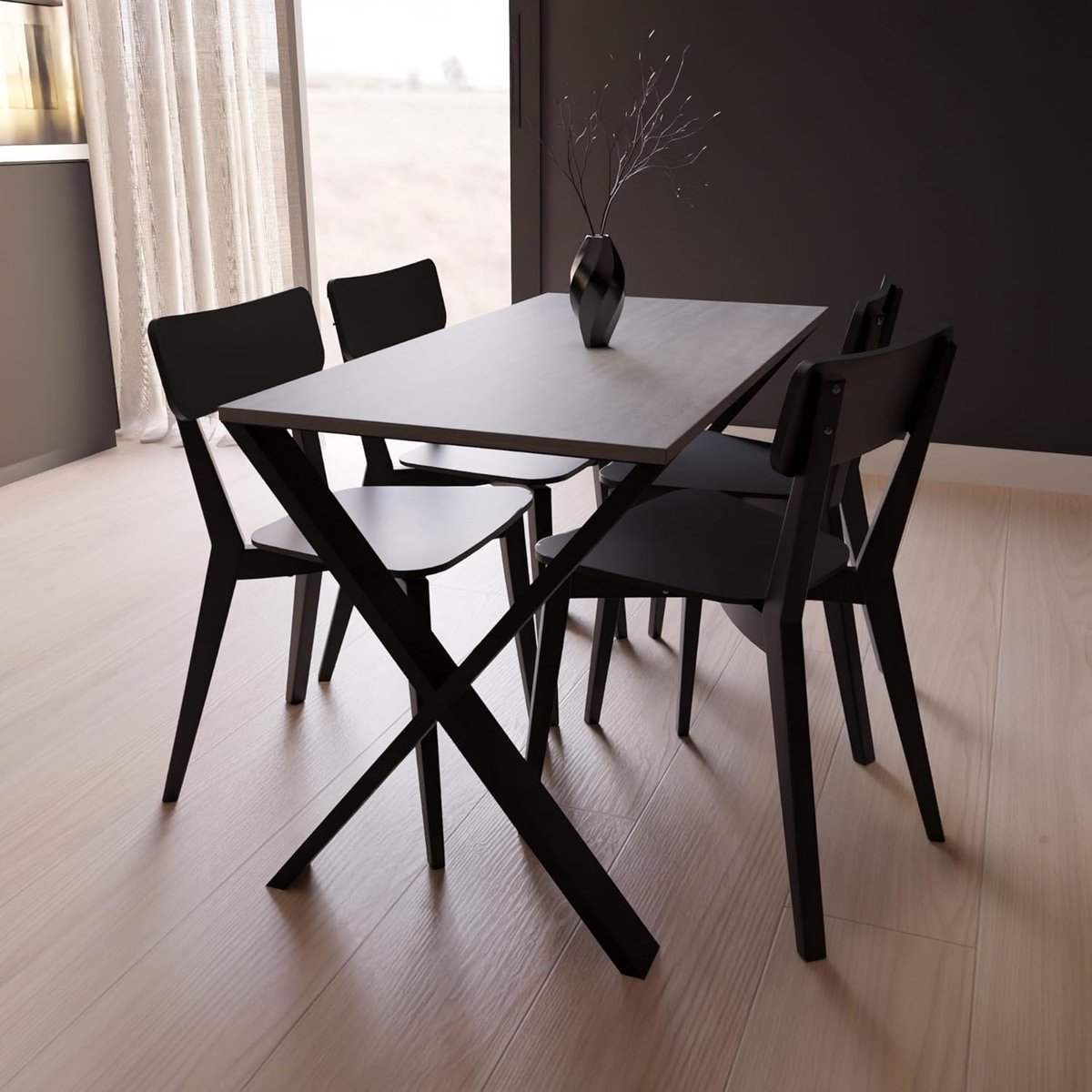 Eettafel rechthoek 90x60 cm beton – Moderne industriële keuken- en eetkamertafel met X-vorm metalen poten, 73 cm hoog – Stabiele en stijlvolle design tafel | Laura