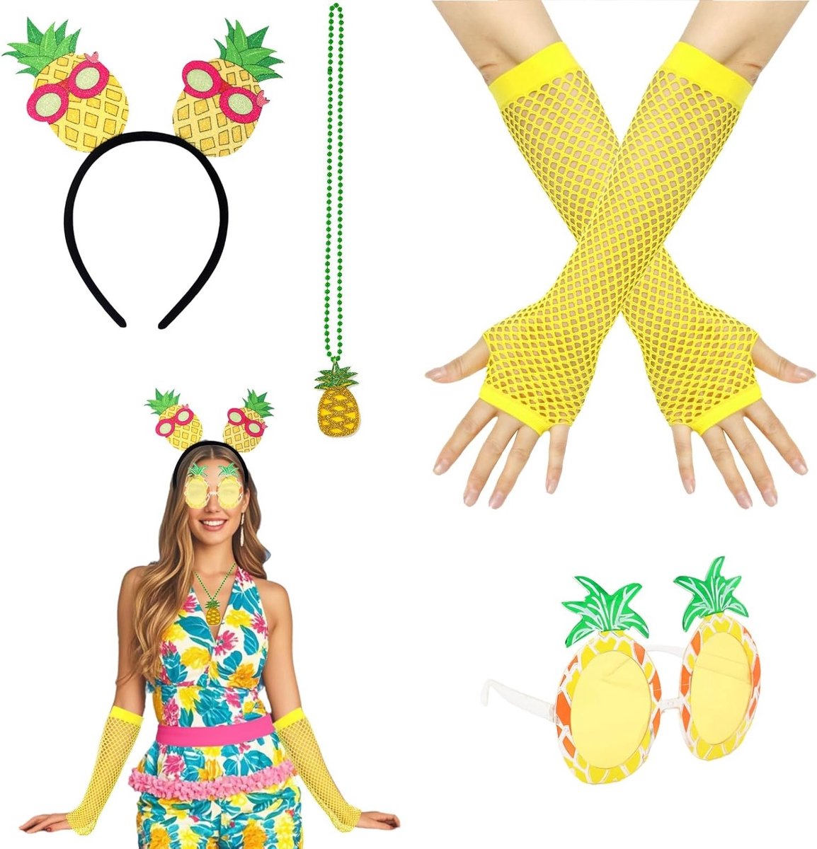 Complete Set voor een Ananas Kostuum met Hoofdband, Bril, Gele Handschoenen en Ketting voor Vrouwen - Perfect voor Feestjes en Thema-evenementen