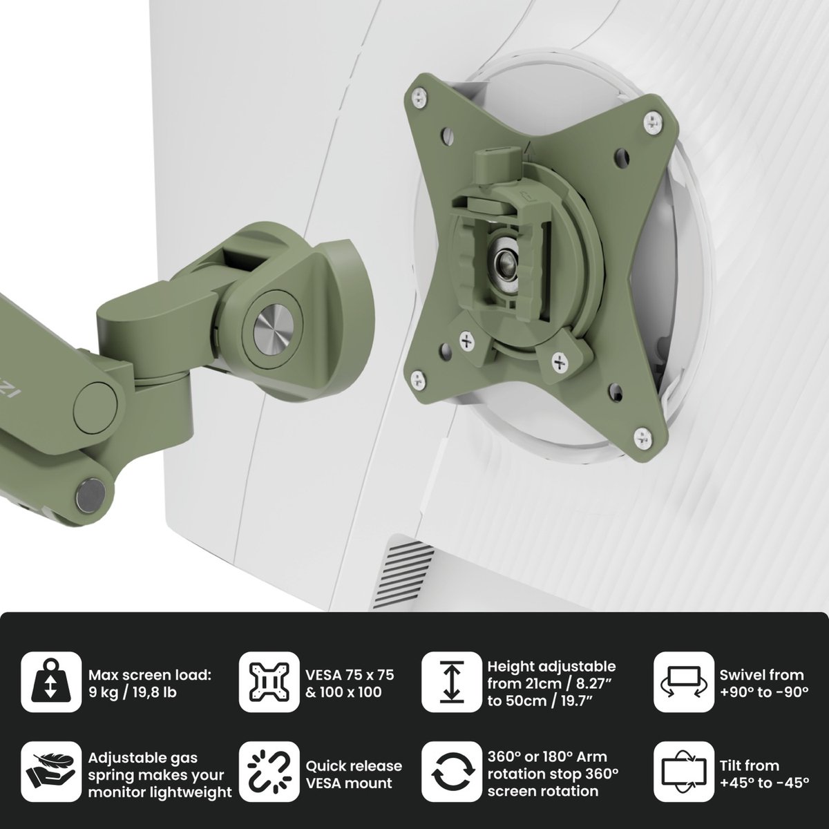 Arozzi Alzare Neo Dubbele Monitor Arm - Gasfeder - Bosgroen thumbnail 6