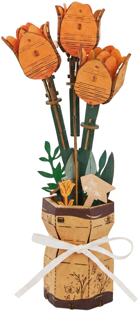 Inspirebox Modelbouwpakket Oranje Tulp - Decoratieve Bloem - 3D Houten Puzzel - 24 cm - Bouwpakket voor Volwassenen en Kinderen - Creatief Knutselen - DIY Modelbouwpakketten