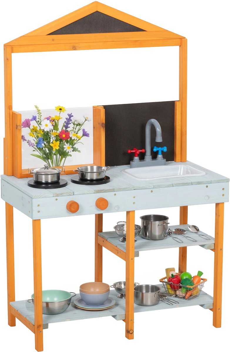 AIYAPLAY Outdoor Kids Kitchen Playset-Sparrenhout, Roestvrij staal-69L x 33,5B x 110H cm-Lichtblauw