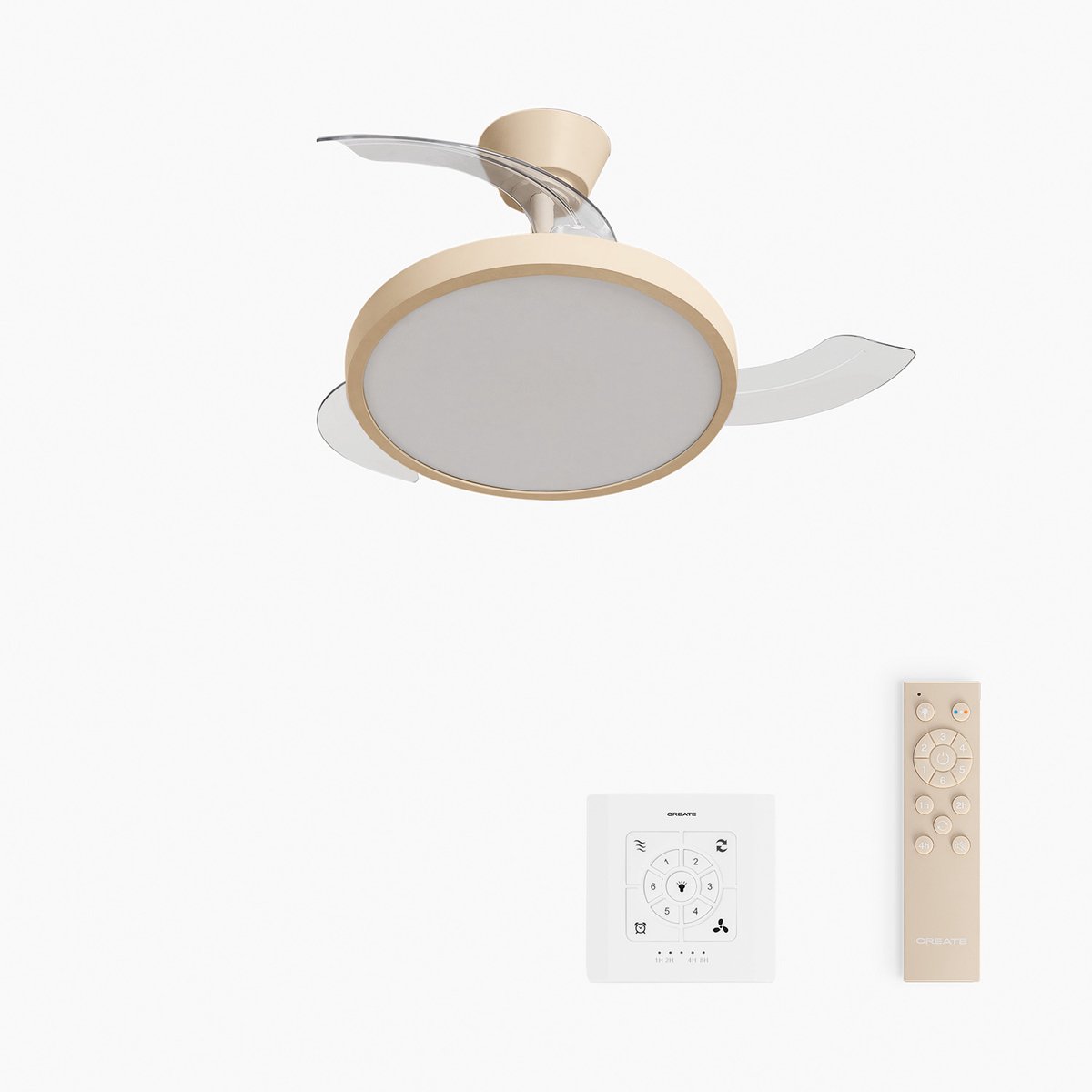 CREATE - Plafondventilator 40W stil met intrekbare bladen met licht - Ø91cm - Zand - Controller voor wandmontage + afstandsbediening - WIND CLEAR STUDIO
