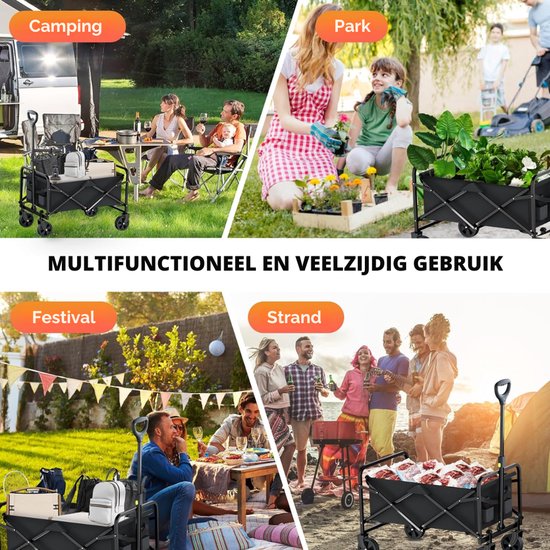 SNJY® Bolderkar Opvouwbaar - Strandkar - Boodschappenkar - Tot 120 KG - 72D x 47B x 91H cm - Zwart van Merkloos — afbeelding 2