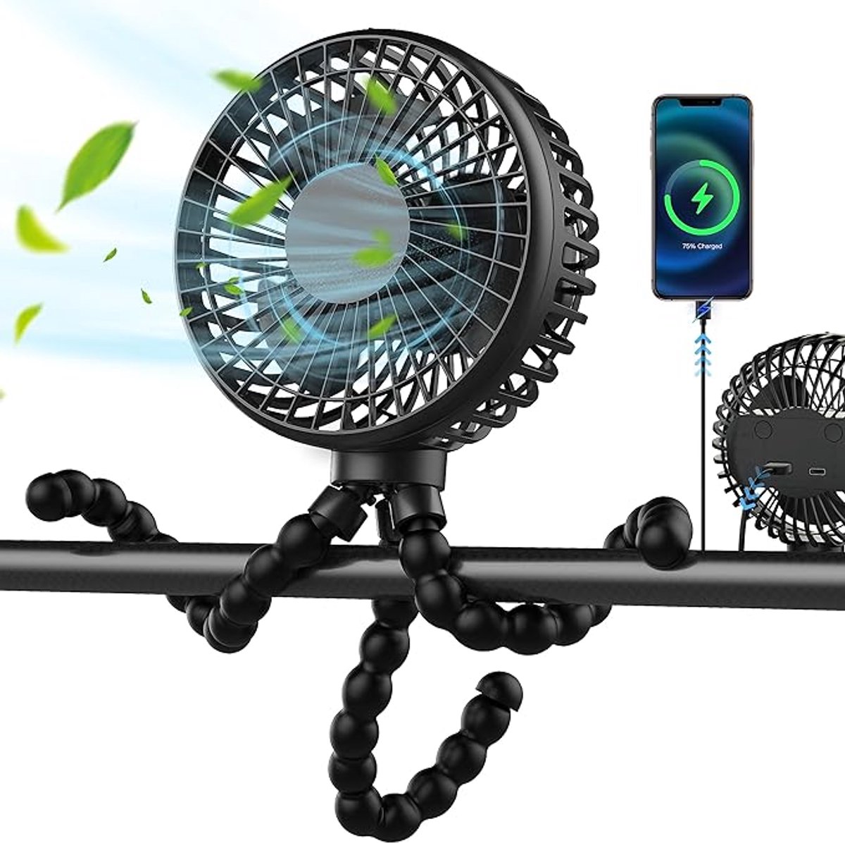 Draagbare ventilator voor kinderwagen, extra lang, 3 rotatiesnelheden, 360° draaibaar, oplaadbaar via USB of batterij met koelclip voor persoonlijke ventilator.