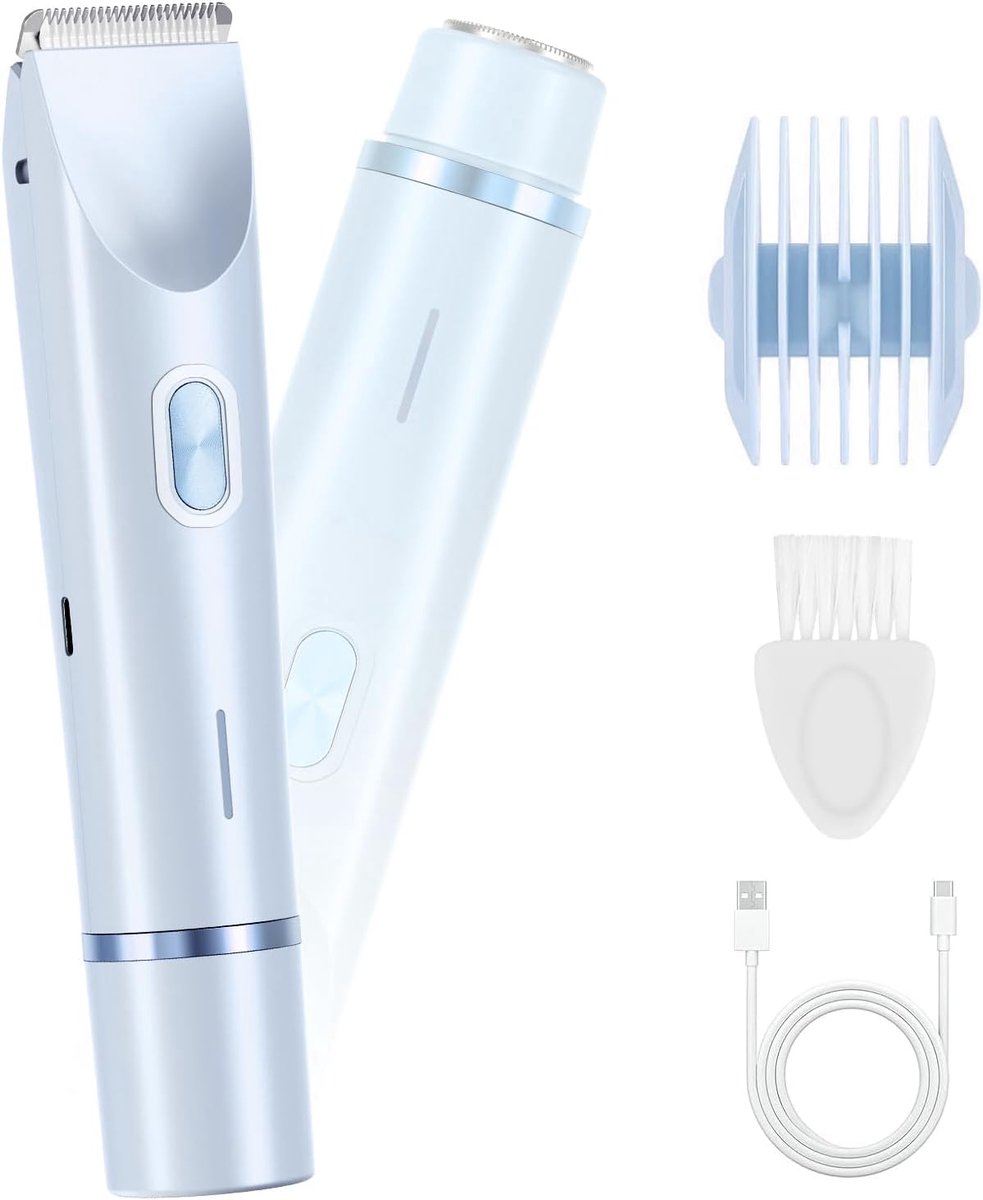 Bikini trimmer geschikt voor dames 2-in-1 met dubbele kop – Waterdicht, pijnloos elektrisch scheerapparaat geschikt voor schoonheid, haar, gezicht, benen en oksels – Draagbaar draadloos scheerapparaat, gemakkelijk schoon te maken (blauw)
