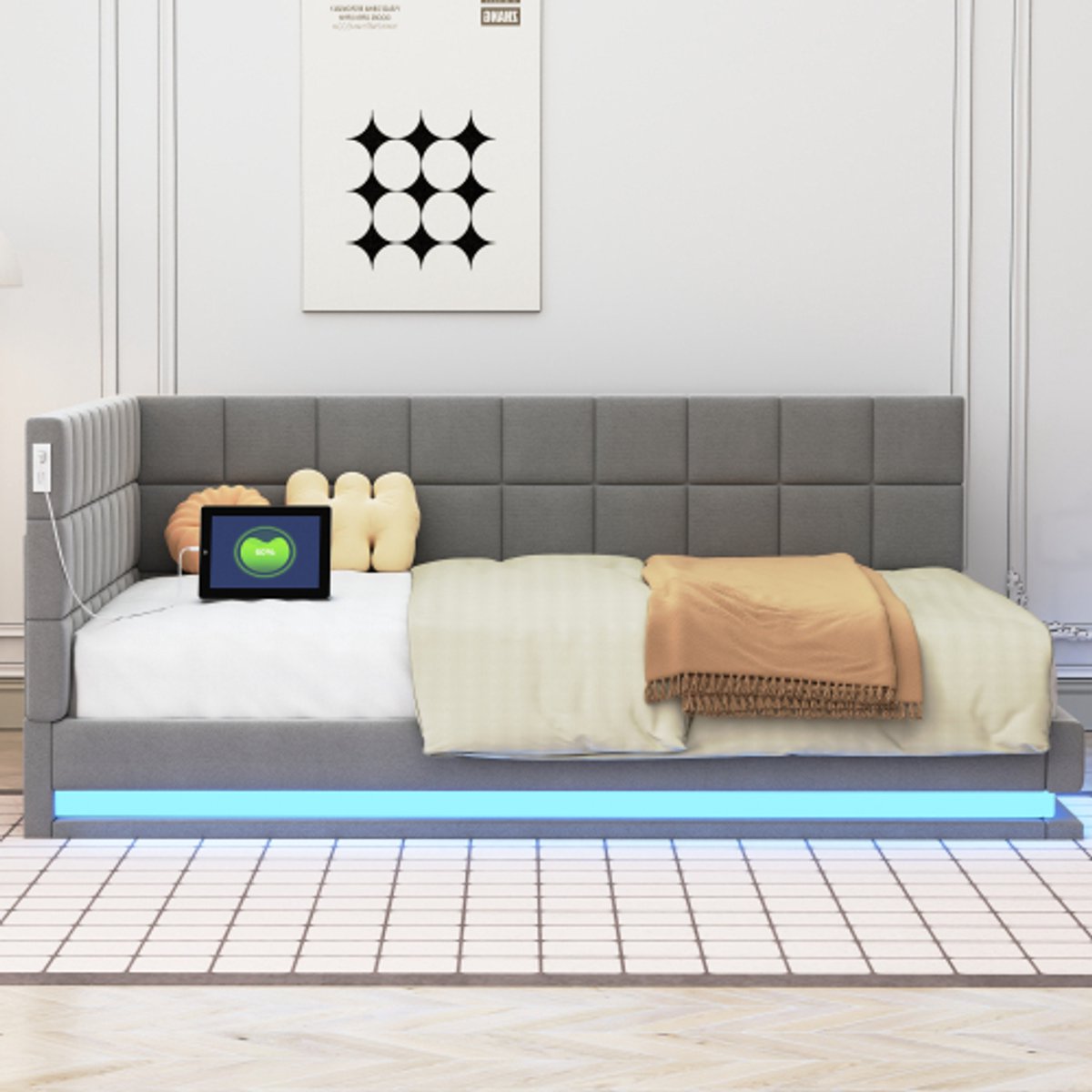 Zubaliya Schlafsofa Polsterbett - 140x200 cm Grijs - Leinen - LED Lichtleiste - USB Steckdose