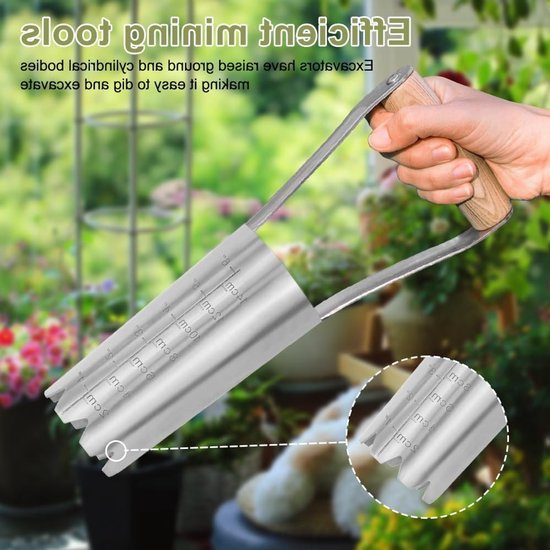 Shower Plant - Flower Bulb Planter - RVS Tuingereedschap - Gatspade met Houten Handvat en Diepteschaal - Voor Zaaien van Zaden in Tuinen en Wieden — afbeelding 2