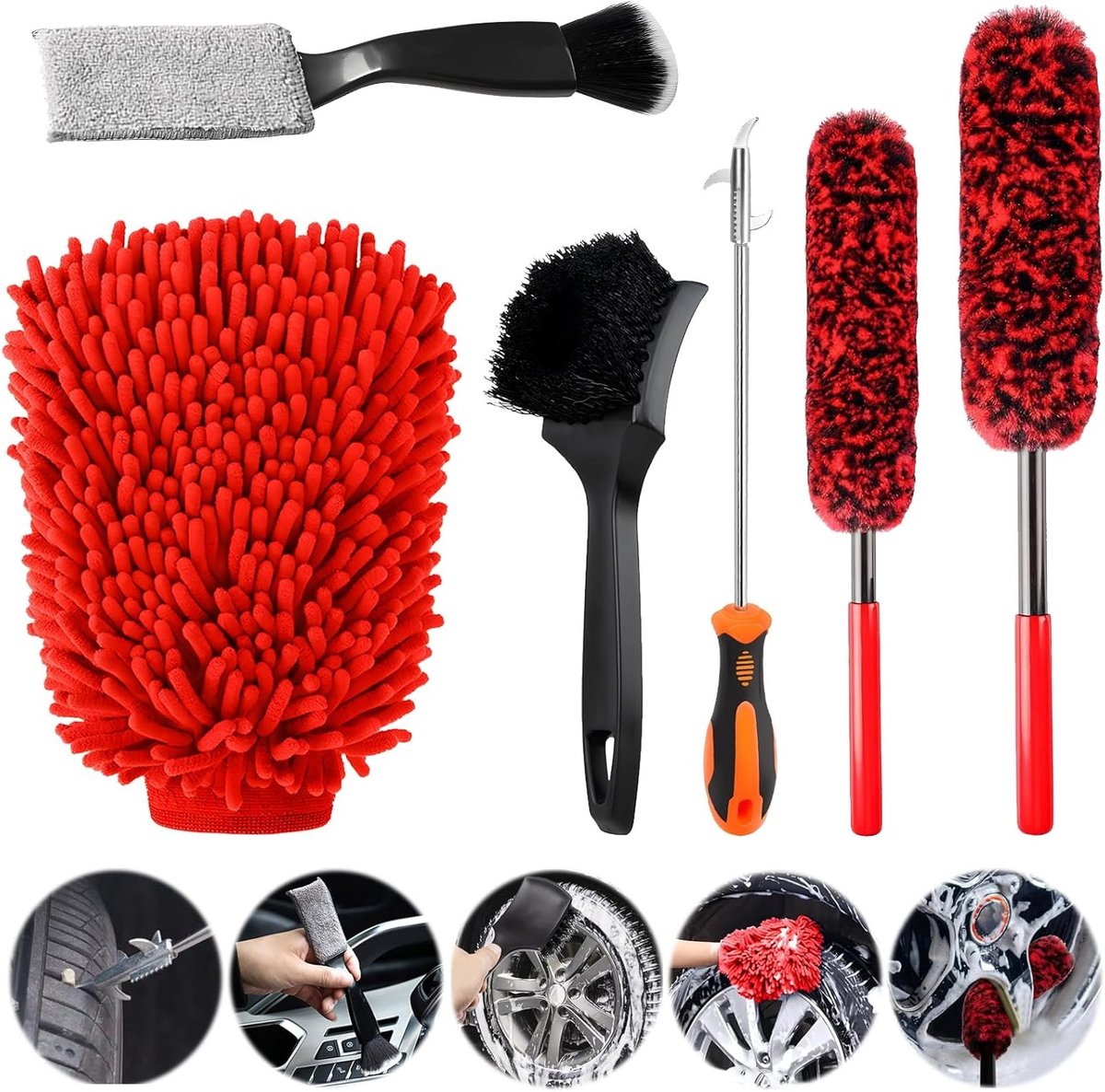 Auto Poets Set - Reinigingsborstels - Auto Onderhoud - Compleet Pakket - 6 Delig - Rood Zwart