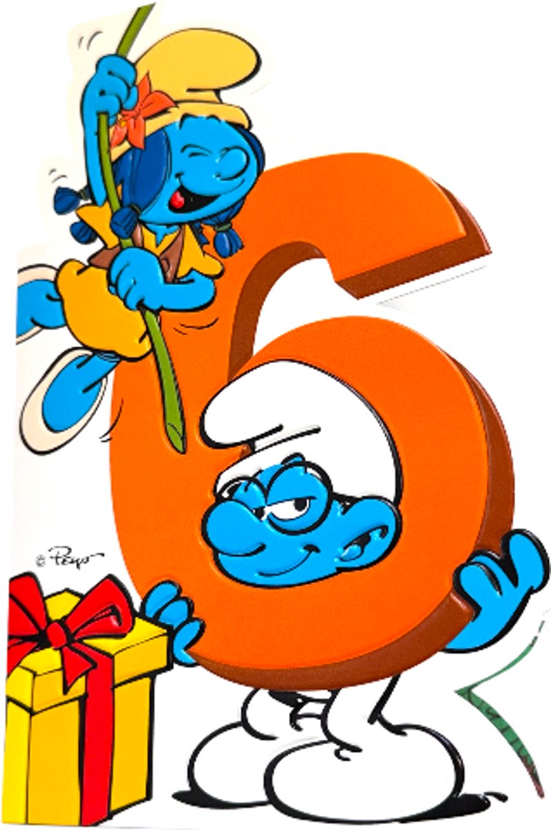 Smurfstorm, Smurfin en Brilsmurf – De Smurfen Reliëf Verjaardagskaart – 6 Jaar – Cromo