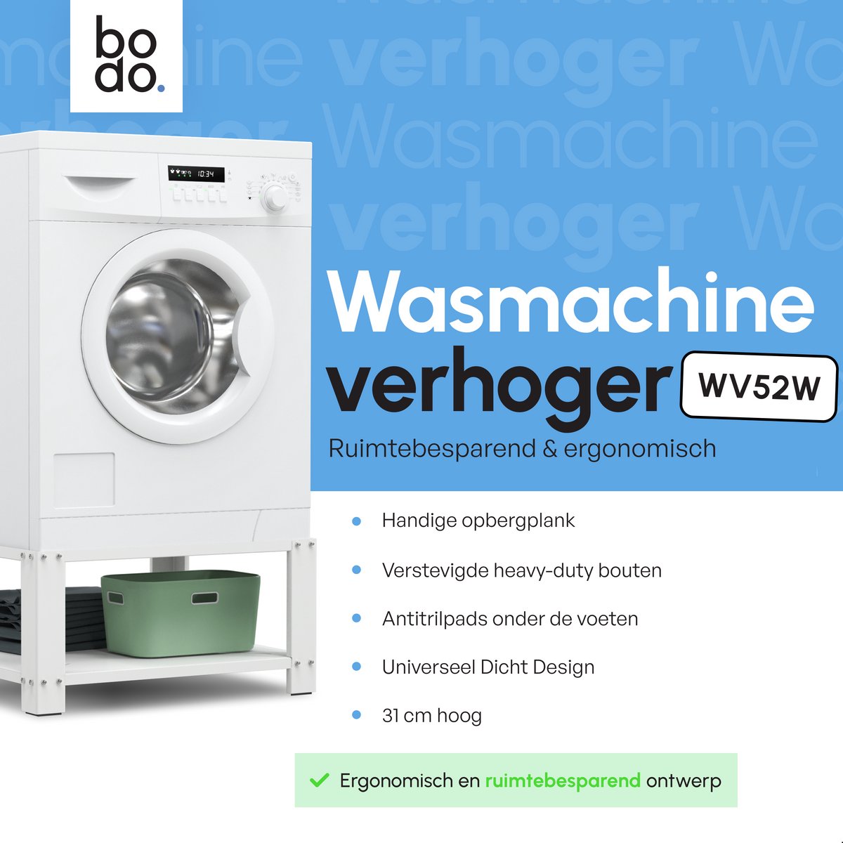 Bodo® - Wasmachine Verhoger - Kast - Ombouw met Plank - Wit - 63x54x31cm — afbeelding 2