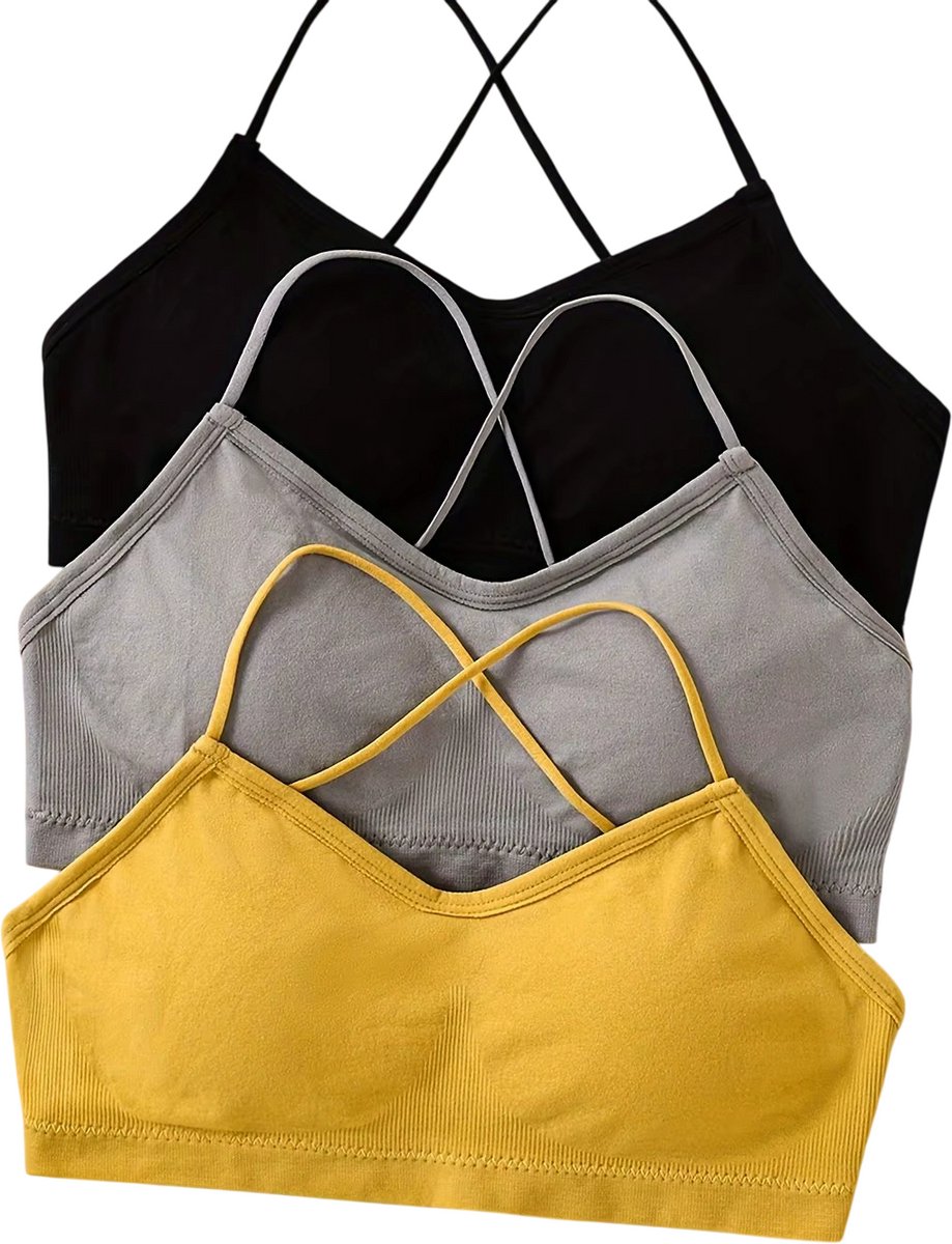 rimmo 3-delige sportbeha set voor dames – ademende yoga bh, fitness bh met kruisbanden, sexy rugdesign, gym crop top & sportkleding - Zwart en Grijs en Geel