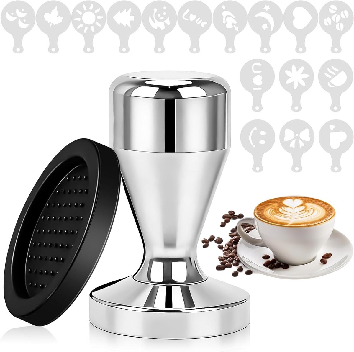 Koffietamper 51 mm van roestvrij staal met 16 latte-kunstvormen en tampermat, ideaal voor espressomachine, barista-gereedschap en koffieliefhebbers thuis en op kantoor.
