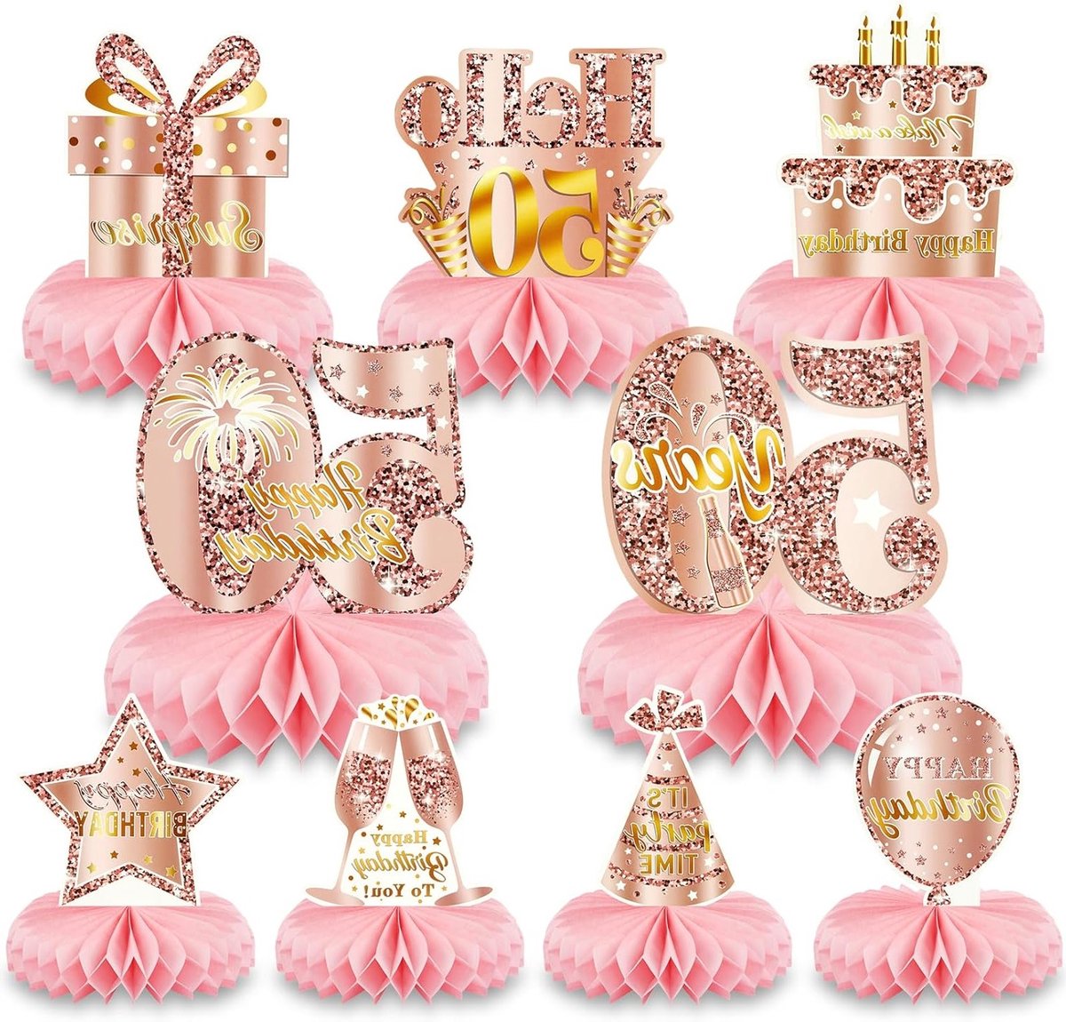 50e verjaardag decoraties in honingraatstijl, roze tafelversiering, taarttoppers en feestaccessoires voor een onvergetelijk 50 jaar verjaardagsfeest voor vrouwen
