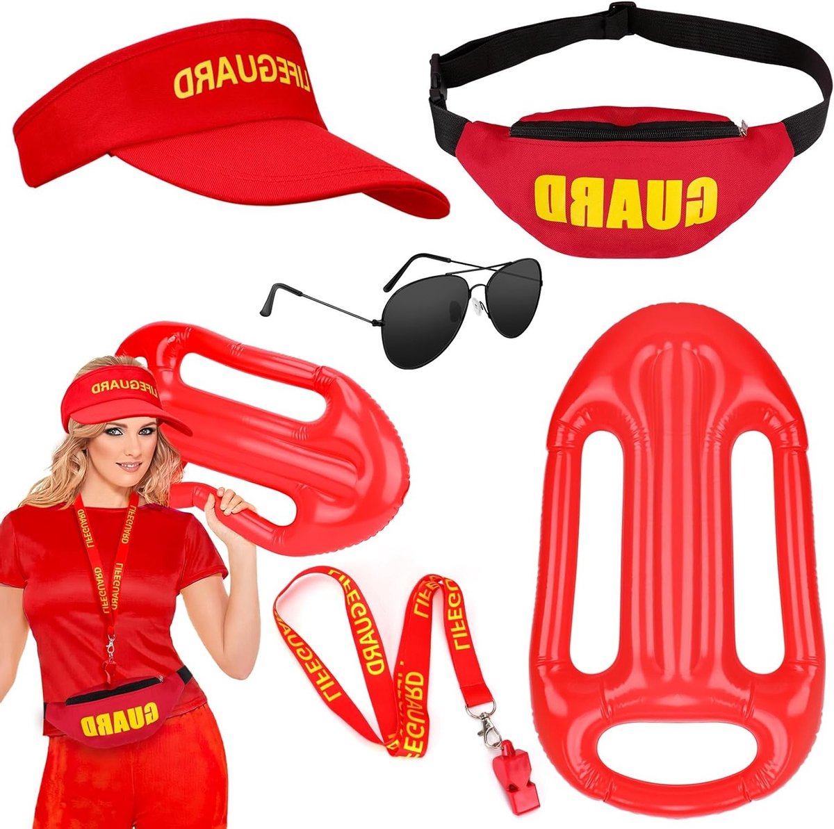 5-delige Redders Kostuum Accessoires Set met Rode Redders Hoed, Fluit, Heuptas, Zwarte Zonnebril en Opblaasbare Float voor Dames en Heren op het Strand