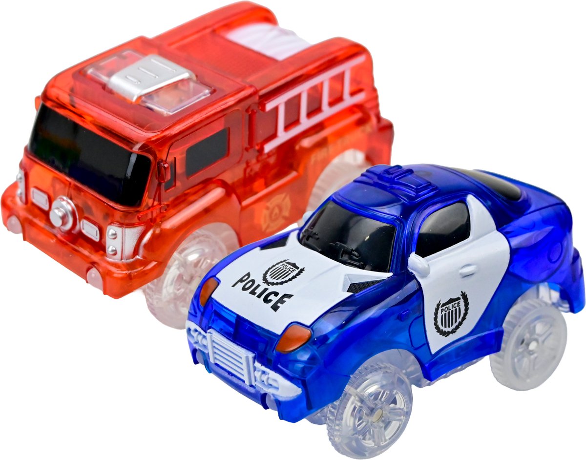 Magna Minds - Magnetisch Speelgoed - Uitbreidingsset - Racebaan auto's - 2 stuks - Politie & Brandweer - Magnetic Tiles - Constructie speelgoed - Magnetische tegels - Montessori speelgoed - Magnetic toys - Magnetische bouwstenen - Speelgoed Kinderen