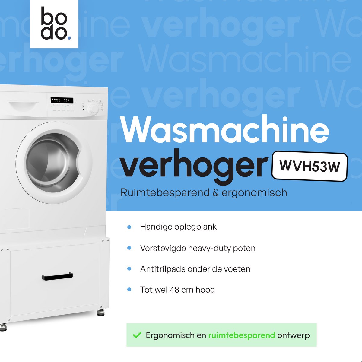 Bodo® - Wasmachine Verhoger - Dubbel - Kast - Ombouw met Lade - Wit - 124x58x44-48cm – foto 6